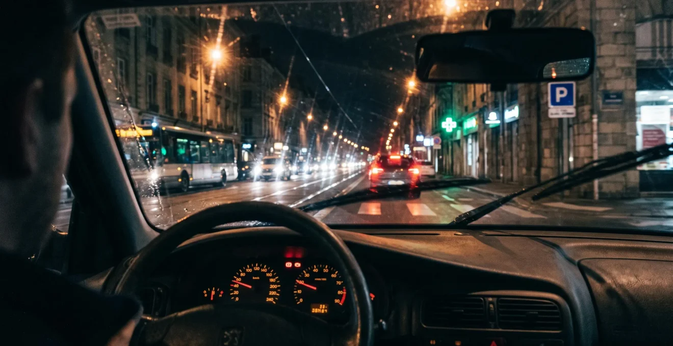 Vue depuis l'habitacle d'une voiture pendant une conduite de nuit en milieu urbain avec éclairage public et circulation