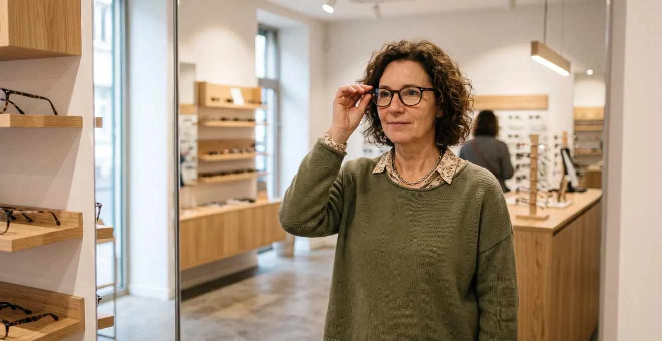 Personne essayant des lunettes correctrices devant un miroir dans un magasin d'optique