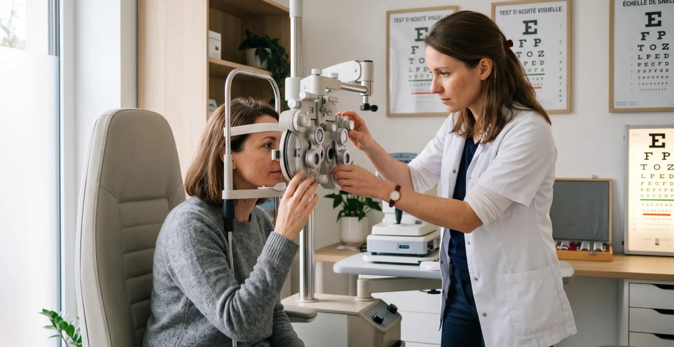 Optométriste réalisant un examen de la vue avec un réfracteur sur un patient dans un cabinet d'ophtalmologie moderne