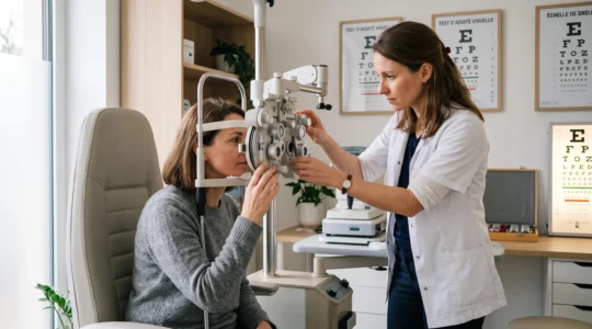 Optométriste réalisant un examen de la vue avec un réfracteur sur un patient dans un cabinet d'ophtalmologie moderne