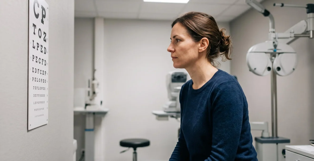 Patient concentré lors d'un test de lecture de lettres sur un tableau optométrique dans un cabinet médical